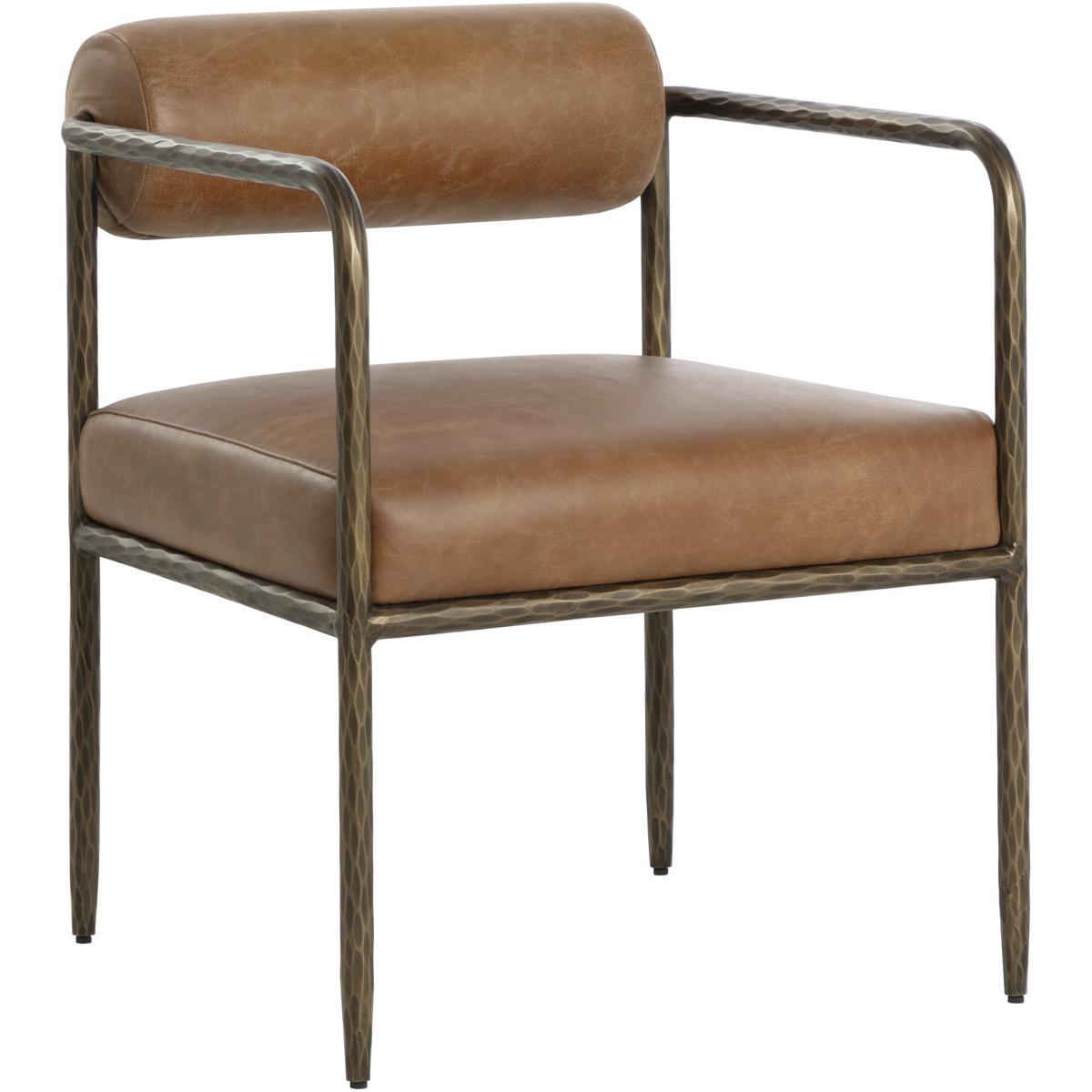 Ameera Regency Brown Leather Brass Iron Dining Arm Chair